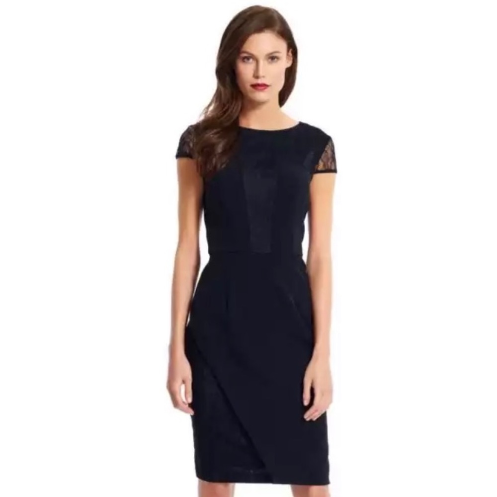 Adrianna Papell Black Dress Knee Length Lace Sleeves Size 10